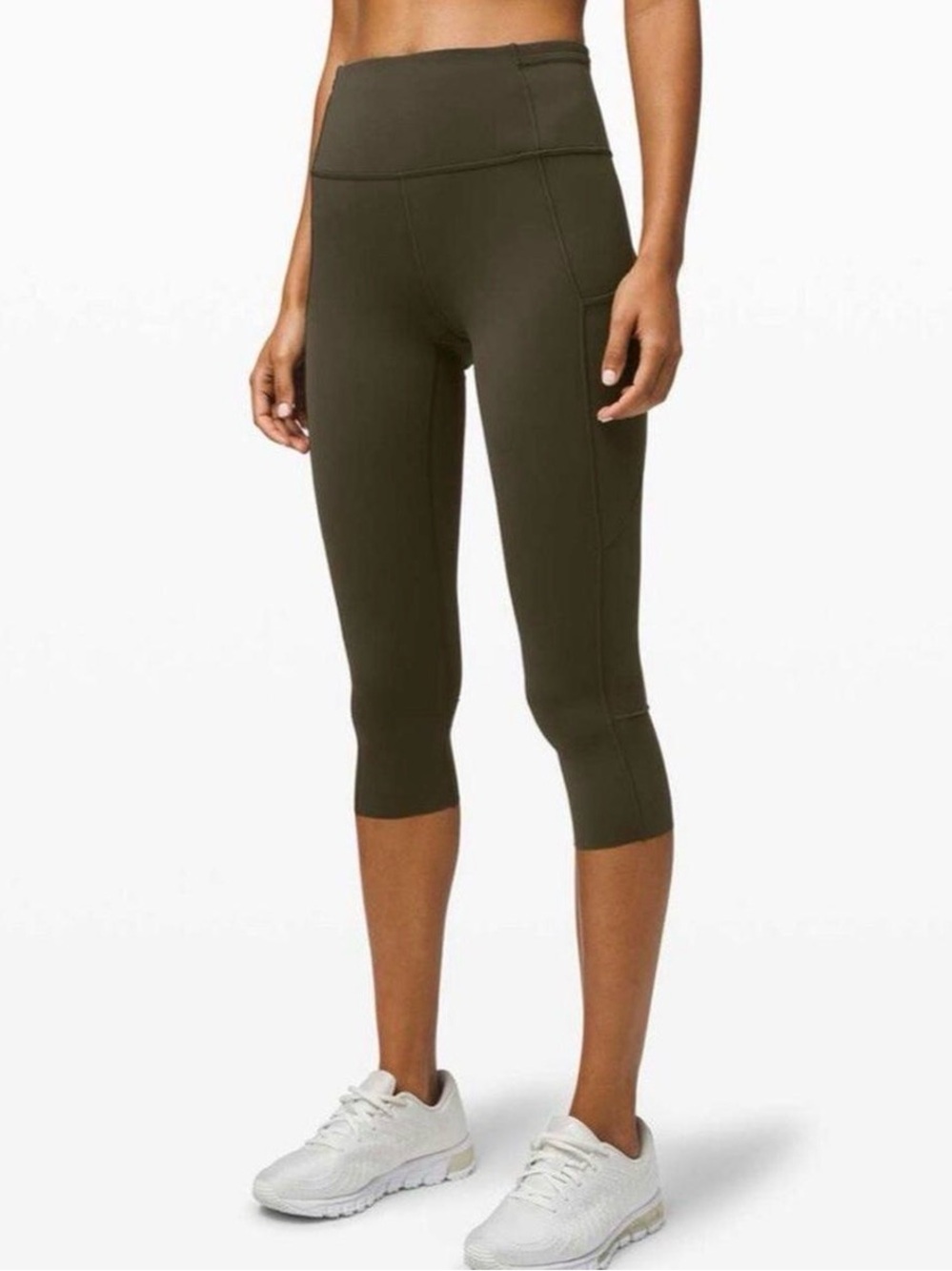 Lululemon Fast & Free Crop Olive Green Leggings Pockets Size 6